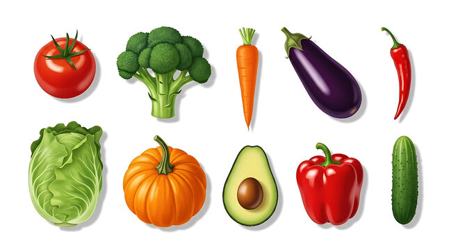 Assortment of fresh vegetables arranged on a white background tomato broccoli