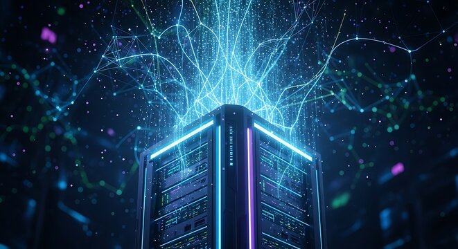 Digital server room with data transfer and network connections.