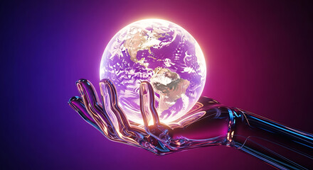 Glowing Earth Held in Transparent Metallic Hand Against Purple Gradient globe planet