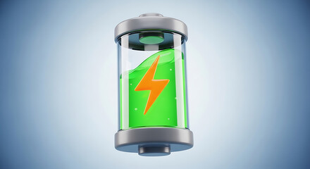Clear glass battery with green liquid and orange lightning bolt energy power