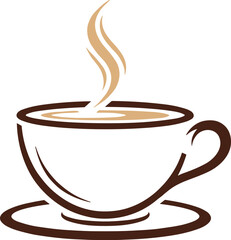 Classic Hot Coffee Cup and Saucer Vector Outline Illustration with Rising Creamy Steam