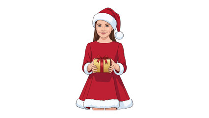 Festive Delight: A young lady adorned in holiday attire, radiant with cheer, extends a beautifully wrapped gift. A perfect embodiment of Christmas spirit, capturing the heart of the season.