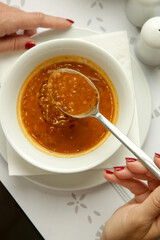 Harira – traditional Moroccan thick tomato lentils soup, Kosher Menu at the restaurant	