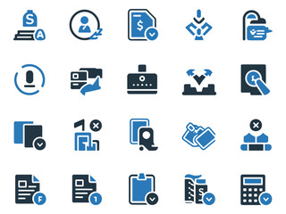 A collection of blue financial and business icons representing services and transactions.