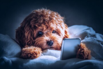 Fearful pup with smartphone in the dark: a nighttime tale. Adorable pup. Discover how big cities drive global innovation. Downtown lifestyle. Smartphone glow.