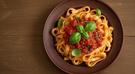 A top-down view of a plate of pasta with tomato sauce and basil leaves.