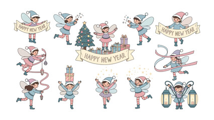 Whimsical New Year Elf: A cheerful ensemble of charming elves and magical items brings festive joy for the new year. Enchanting characters celebrate the arrival of the New Year.