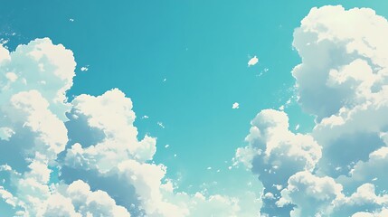 Bright sky panorama featuring fluffy white cumulus clouds against a turquoise background