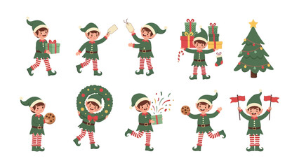 Christmas Elves in Festive Joy: A collection of delightful elves is captured in a whimsical tableau, each radiating holiday cheer, complete with gifts, garlands, and seasonal treats.