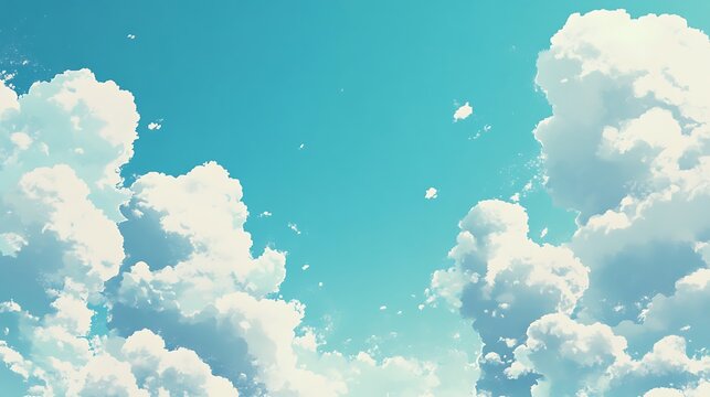 Bright sky panorama featuring fluffy white cumulus clouds against a turquoise background