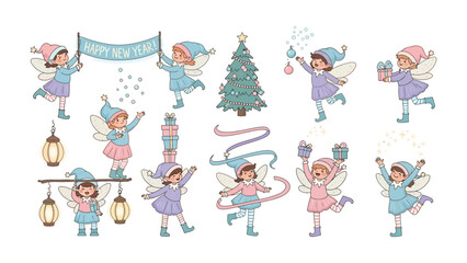 Christmas Elves Celebration: A festive illustration of charming elves in whimsical attire, spreading holiday cheer with gift-giving, decorating Christmas trees, and displaying Happy New Year banners.