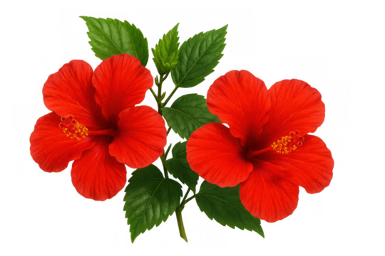 Red hibiscus flowers blooming with green leaves, tropical plant isolated on transparent background, summer blossom