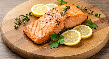 Grilled salmon fillet with lemon slices and herbs on a wooden serving board, ready to eat.