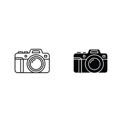 Two simple line art illustrations of vintage cameras side by side