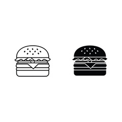 Two stylized icons of a hamburger one outline and one solid black