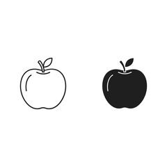 Simple outline and silhouette of a fresh apple with a stem and leaf