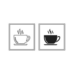 Two simple line art and silhouette icons of a steaming coffee cup