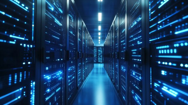 Modern server room featuring glowing blue lights and cutting edge technology for network infrastructure, data storage, and cybersecurity solutions