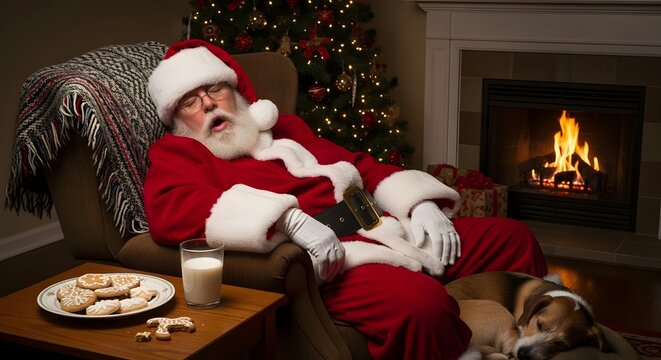 A tired Santa Claus taking a well-deserved rest in a comfortable armchair by a warm fireplace with milk, cookies, and his sleeping dog - Powered by Adobe