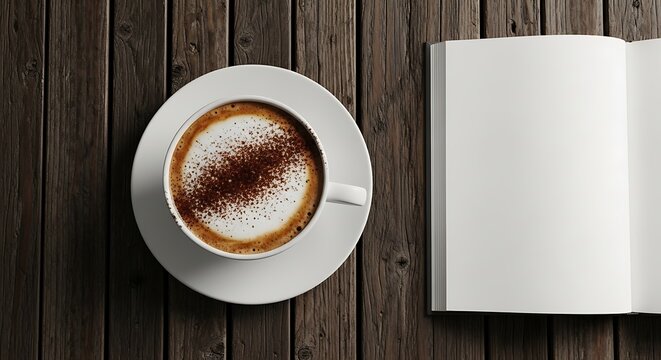 Top view of a cup of cappuccino with foam art next to an open blank book with white pages on a rustic wooden table
