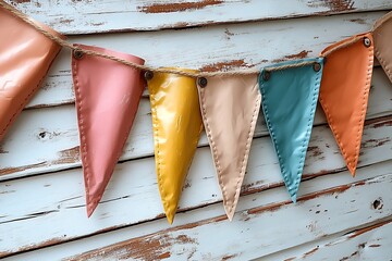 Colorful metallic pennant flags hanging on a rustic white wooden wall for a festive celebration