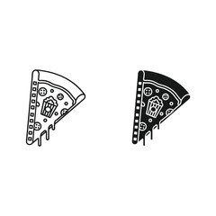 Hand drawn pizza slice icon in black and white outline and silhouette