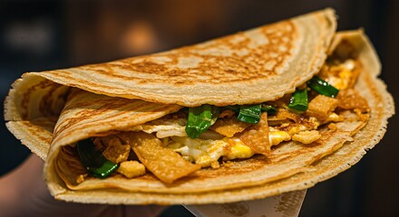 A delicious savory crepe filled with egg, crispy wontons, and scallions.