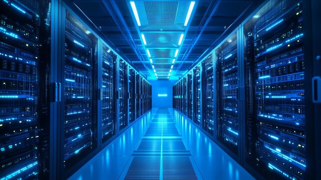 Explore a vibrant, modern data center with glowing blue servers, ideal for technology, cloud computing, or cybersecurity presentations and designs.