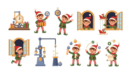 Christmas Elf's Activities: A collection of charming elves engaged in a variety of holiday preparations.
