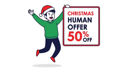 Festive Deal Announcement: A cheerful individual, adorned in a Christmas cap, joyfully presents a sign advertising a special holiday offer.