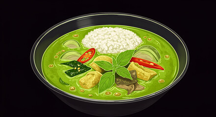 Green curry with rice and chili slices in black bowl
