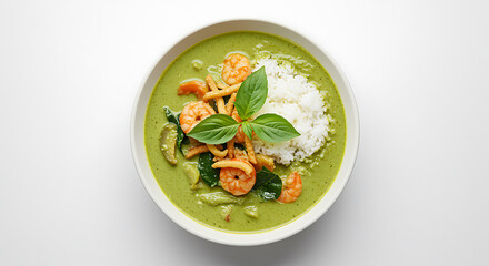 Green curry with shrimp and rice in white bowl thai food