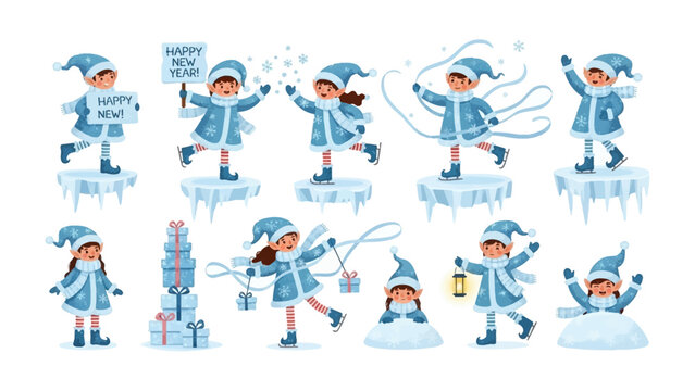 Winter Wonderland's Happy Elves: A playful assortment of elves, dressed in frosty attire, frolic and revel in a whimsical winter setting, engaging in joyous activities, heralding the new year. 