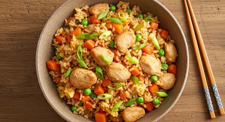 A close-up shot of a bowl of chicken fried rice with vegetables and chopsticks.