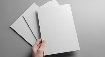 Hand holding a stack of blank white a4 size papers, ideal for showcasing flyers, documents, or presentation designs on a clean grey background