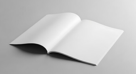 Open blank white magazine or brochure mockup with empty pages, ready for custom content on a clean grey background