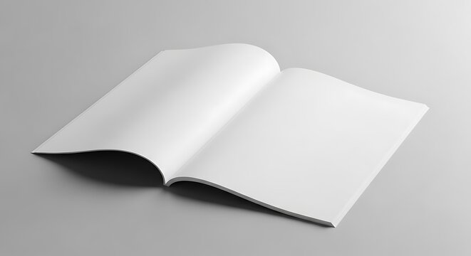 Open blank white magazine or brochure mockup with empty pages, ready for custom content on a clean grey background