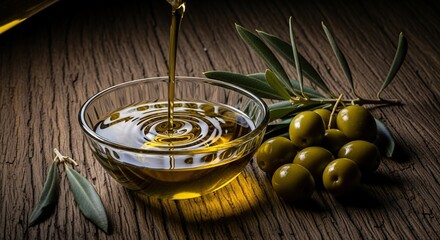 Pouring fresh olive oil into a glass bowl alongside vibrant green olives on rustic wooden table for a healthy and delicious culinary experience