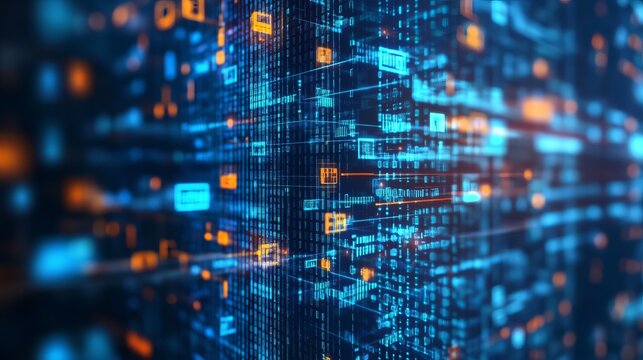 Dynamic digital data flow with glowing orange and blue lights, perfect for tech companies seeking a powerful modern visual, a vivid futuristic concept