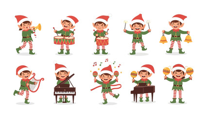 Christmas Elves Band: Cheerful elves in festive attire joyfully play musical instruments. This cheerful scene is full of the spirit of celebration and artistic expression.