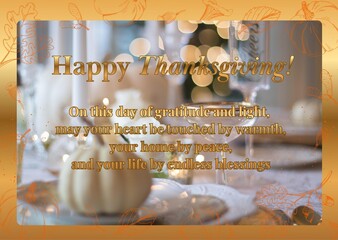 Happy Thanksgiving greeting card with gold text, a message of gratitude, and wishes for peace and kindness on a blurred festive table background.