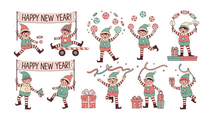 Whimsical New Year Elf Collection: A delightful collection of playful elves joyfully embracing the New Year festivities, featuring banners, presents, and cheerful displays of holiday spirit.