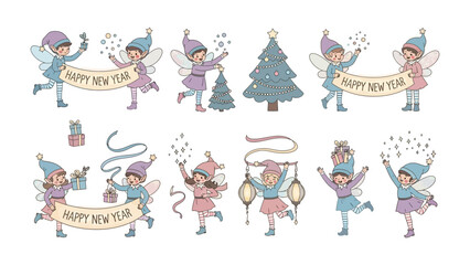 Enchanting Holiday Elves in Festive Bliss: A collection of whimsical illustrations featuring cheerful elves, decorated tree, and Happy New Year banner.