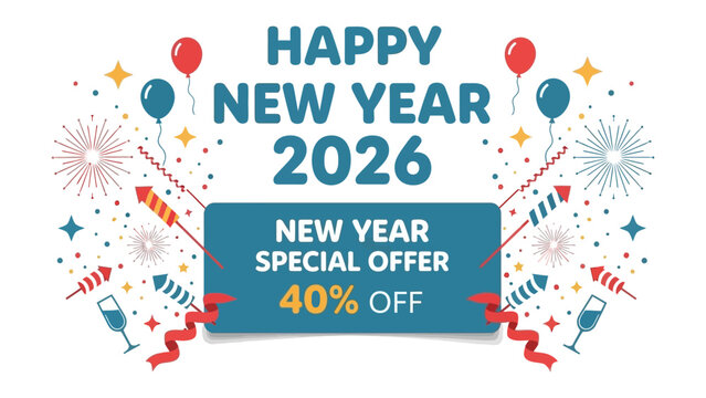 New Year 2026 Special Offer: Celebrate the dawn of a New Year with an eye-catching graphic highlighting the special offer of 40% discount, adorned with festive decorations like fireworks.
