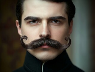 A confident young Caucasian man with a stylish mustache, exuding a vintage aesthetic and sophisticated charm.