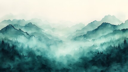 Ethereal mountain landscape with misty valleys and evergreen pine trees in soft watercolors