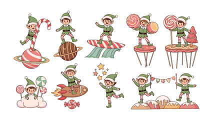 Whimsical Christmas Elf Set: A playful assortment of cartoon elves, each characterfully engaged in spirited holiday adventures. They embody the joyous spirit of the season through a whimsical display.