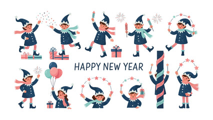 Whimsical New Year Elves Celebration: A collection of cheerful elves engage in playful activities, with the phrase Happy New Year adorning the center.