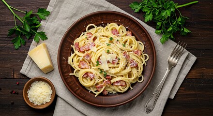 An overhead view of a delicious plate of spaghetti carbonara with bacon, parmesan, and parsley on a dark wooden table.