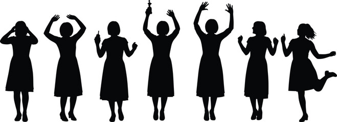 Diverse group of celebrating and cheering women figures silhouette set with hands up and holding trophy vector illustration graphic design element for success and achievement